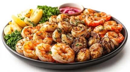 Assorted grilled seafood platter with shrimp, scallops, and lemon slices, garnished with fresh herbs and a side of dipping sauce.