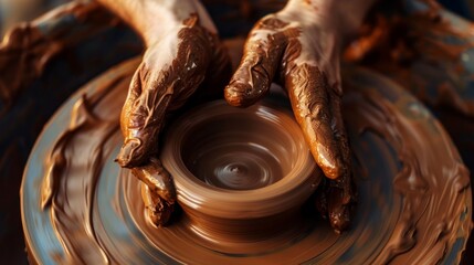 Fototapeta premium Close-up pottery session: hands shaping clay on wheel, tactile brown coating, warm workspace ambiance for crafting.