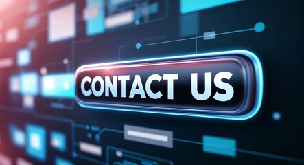 contact us word lettering on a button in digital tech blur background