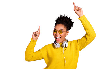 Portrait of charming cheerful teenager have party ear phones event scream shout sing raise index  finger isolated over purple violet background