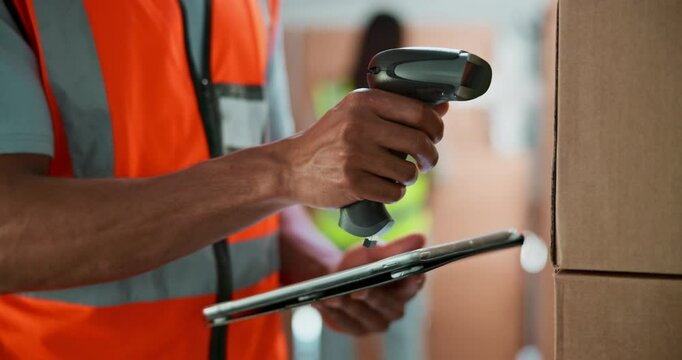 Tablet, boxes and hands of man with scanner for logistics, inspection and warehouse for supply chain distribution. Shipping, package and courier worker with digital app for online stock checklist