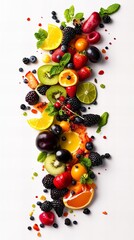 A vibrant arrangement of fresh fruits, including berries, citrus, and tropical fruits, on a clean white background.