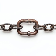 A close-up of a metallic chain featuring a prominent link, showcasing its industrial design and texture.