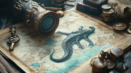 A mysterious ancient map showing a sea monster illustration in an uncharted part of the ocean