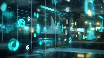 Fototapeta premium Glowing digital graphs and icons float over a dark data stream for global market analysis.