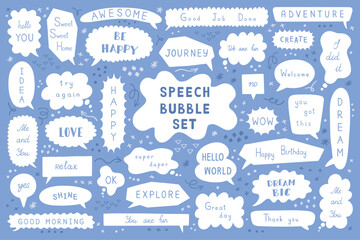 Cute text balloon. Hand drawn talk frame, line cloud conversation. Simple comic title elements, speak arrow. Stickers communication, funny phrases. Comment for notebook. Vector isolated icons