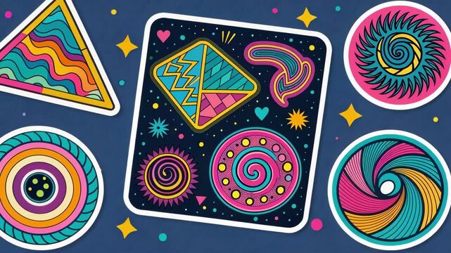 Funky Patterns A patchwork of stickers displaying swirling neon patterns geometric shapes and splashes of color reminiscent of the bold designs popular in the 90s.