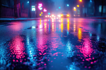 Rainy night city street with colorful reflections.