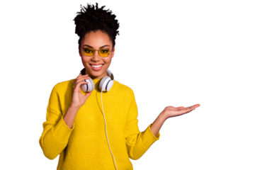 Portrait of pretty lady hold hand have party event eyewear eyeglasses earphones isolated on purple violet background