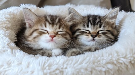 Obraz premium A pair of kittens snuggling together in a fluffy bed, their eyes half-closed as they prepare to nap