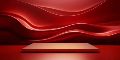 抽象横長バナー。赤い曲線的な壁と床と一つの四角い展示台がある空間