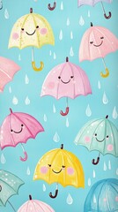 Cheerful and Colorful Umbrellas with Smiley Faces and Raindrops on a Bright Blue Background, Perfect for Children&rsquo;s Themes and Design Projects