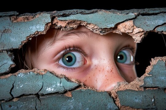 A person looking through a cracked door, their eye catching a sliver of light in the midst of overwhelming darkness