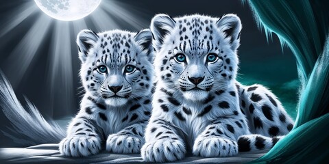 Fototapeta premium Two Snow Leopard Cubs at Night under Moonlit Sky