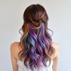 Fototapeta premium A woman with long, colorful hair is shown with a white shirt