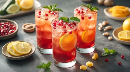 Pomegranate Iced Tea, a cocktail with pomegranate sparkling water and ice cubes in glass tumblers, decorated with mint leaves and lemon slices on the rim of each drink