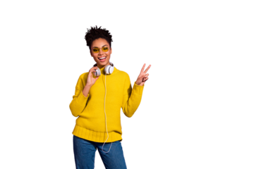 Portrait of modern youngster make v-signs wear denim jeans eyewear eyeglasses ear phones  isolated she her over purple background