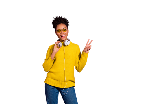 Portrait of modern youngster make v-signs wear denim jeans eyewear eyeglasses ear phones  isolated she her over purple background