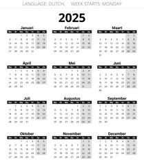 2025 year dutch calendar. Vector illustration in dark colors. 12 months kalender Netherlands