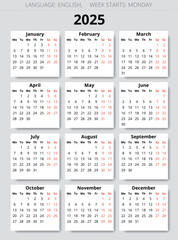 2025 year english vector calendar with 12 months. Week starts monday