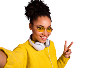 Close up photo of trendy stylish student make v-sign photos have wavy top-knot eyewear eyeglasses isolated over purple violet background