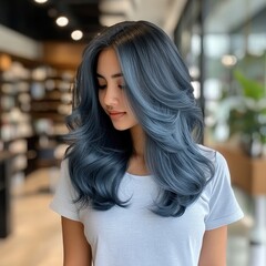 Obraz premium A woman with long blue hair is sitting in front of a bookcase