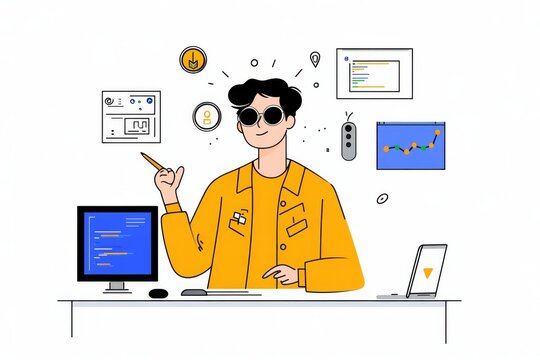 A playful 2D drawing of an IT expert surrounded by colorful gadgets and screens, illustrating a dynamic and approachable expert persona