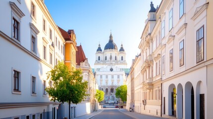 Obraz premium Scenic street view leading to a grand architectural building.