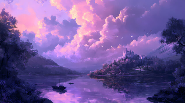 Serene purple clouds draping across the sky inviting relaxation and contemplation creating a peaceful haven in a dreamlike atmosphere perfect for a restful escape. Haven. Illustration