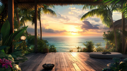 Serene tropical yoga haven overlooking turquoise ocean at sunset, with palm trees, exotic plants, and a tranquil wooden deck, evoking relaxation and inner peace. Haven. Illustration