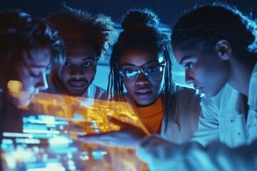 A diverse team of young adults collaborates intensely over a glowing, translucent interface, immersed in their technological project.