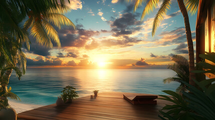 Serene tropical yoga haven overlooking turquoise ocean at sunset, with palm trees, exotic plants, and a tranquil wooden deck, evoking relaxation and inner peace. Haven. Illustration