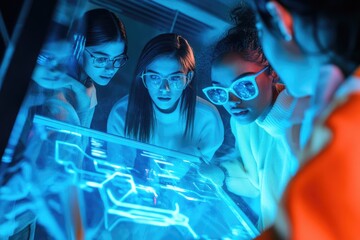 Four young women collaborate intensely around a glowing interactive digital display.