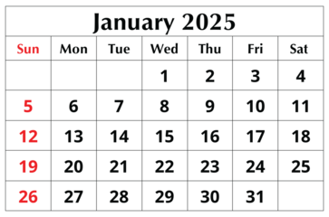 January 2025 ENGLISH winter month calendar. png transparent printable illustration. Monthly