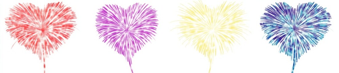 Colorful heart-shaped fireworks on white background.
