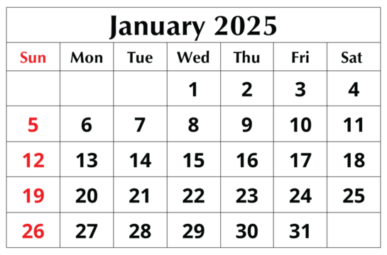 January 2025 ENGLISH winter month calendar. png transparent printable illustration. Monthly