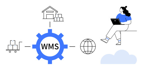 Gear labeled WMS links to warehouse, cart of boxes, globe, and person working remotely on laptop. Ideal for logistics, supply chain optimization, remote work, cloud computing, inventory control