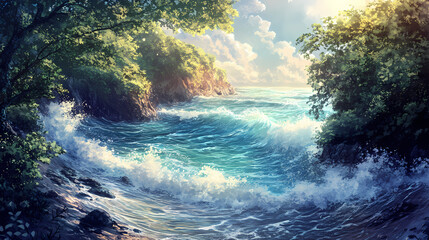 Sparkling water waves in a secluded cove surrounded by lush greenery, calming ambiance, coastal scene, sparkling water, peaceful haven. Haven. Illustration