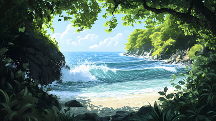 Sparkling water waves in a secluded cove surrounded by lush greenery, calming ambiance, coastal scene, sparkling water, peaceful haven. Haven. Illustration
