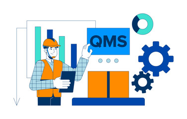 Quality management system in manufacturing 2D illustration concept. Improving factory processes productivity. QMS manager cartoon character isolated on white. Metaphor abstract flat vector graphic