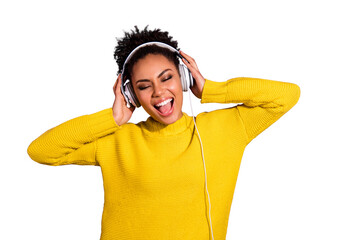 Portrait of charming youth touch headset listen sound track feel content wear yellow pullover...