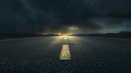 Mysterious Dark Road Leading Towards a Faint Glimmer of Light in the Horizon