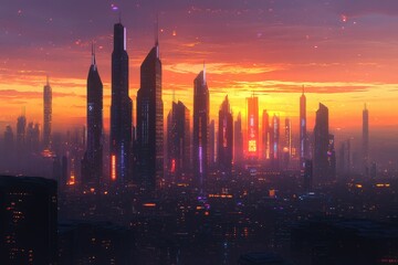 Fototapeta premium Futuristic cityscape at sunset, towering skyscrapers glow with warm, vibrant lights against a fiery sky.