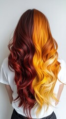 Fototapeta premium A phoenix-inspired hairstyle transitioning from fiery red to golden yellow, styled in bold curls.
