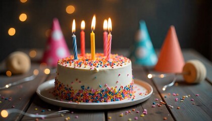 A birthday cake with lit candles on a wooden table with festive lights in the background