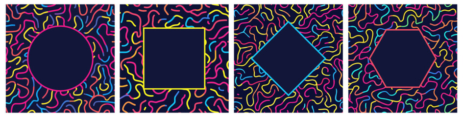 Bright multi color squiggle line square pattern set. Dark solid background. Abstract stroke wavy colourful stripes. Gheometric shaped place for text. Festive design template. Flat cartoon style vector