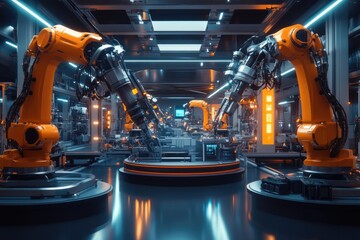 Futuristic factory with two orange robotic arms performing automated tasks on a production line.