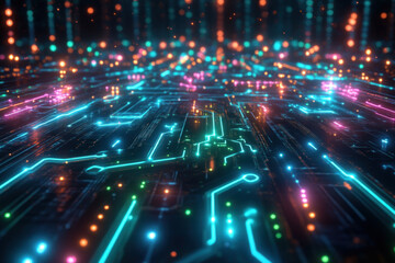 Obraz premium Futuristic circuit board with glowing neon lights.