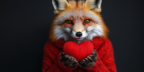 Obraz premium Adorable fox dressed in red presenting a heart symbol for Valentine's Day love copy space