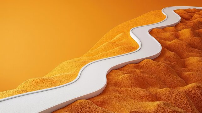 An abstract canyon path splitting into labeled trails policy and objectives, convergence at a golden summit, choicemaking in business